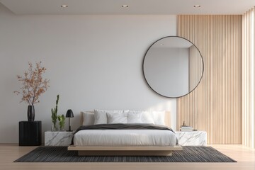 Serene modern bedroom with a round mirror on a wood panel accent wall