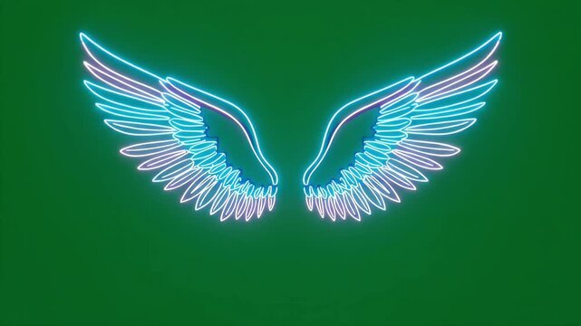 A pair of glowing angel wings with pink and cyan neon light flapping on a green screen background