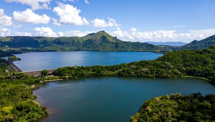Fototapeta premium Scenic view of a lake surrounded by lush greenery and mountains.