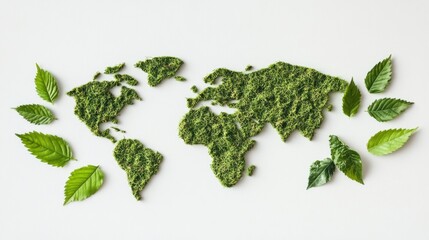 World map of green moss and leaves symbolizing environmental conservation efforts