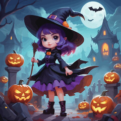 Vector art of cute witch with pumpkins in halloween night