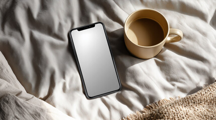 Phone mockup on bed with coffee mug nearby