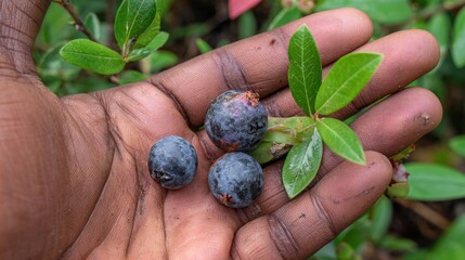 Freshly picked blueberries from a vibrant bush in summer