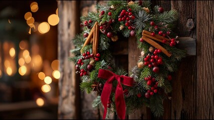 Christmas wreath with red berries, pine needles, and cinnamon sticks hangs on old wooden door with bokeh lights in background footage. - Powered by Adobe