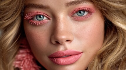 Portrait of a beautiful woman with vibrant makeup showcasing her expressive eyes and soft lips in a natural light setting
