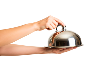 Hand lifting a silver cloche lid from a serving platter isolated on transparent background