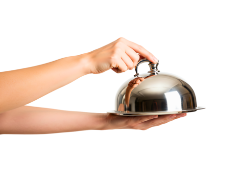 Hand lifting a silver cloche lid from a serving platter isolated on transparent background
