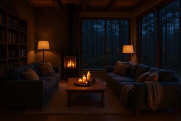 Cozy Living Room Scene with Fireplace, Candles, and Forest View at Dusk, Evoking Warmth and Relaxation