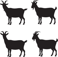 Four Black Silhouettes Of Goats Standing In Different Poses On White animal farm