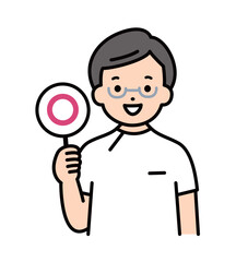 まるの札を持つ歯医者　上半身　ドクター　医療従事者　男性　上半身　バストアップ　イラスト