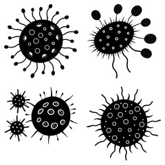 Illustration of four stylized black viruses with various shapes and outer structures on a white background