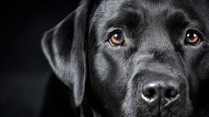 Fototapeta premium Black dog portrait showcasing calm expression in a dimly lit setting, emphasizing fur texture and expressive eyes for a captivating view