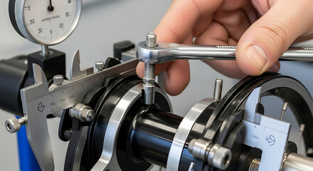A person's hand precisely adjusting a complex mechanical component with a wrench, observed by a dial indicator.