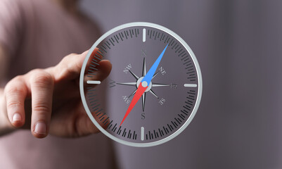 Fototapeta premium Modern compass interface, digital navigation, direction, guidance, exploring, journey, path, wayfinding, travel.