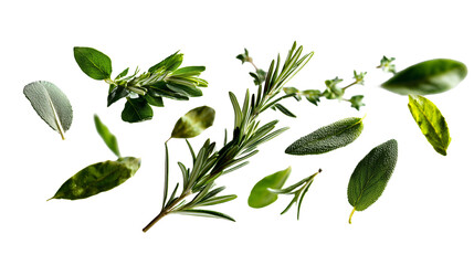Naklejka premium Fresh herbs arranged artistically, showcasing variety of green leaves including rosemary, sage, and other culinary herbs. vibrant colors and textures evoke sense of freshness and natural beauty