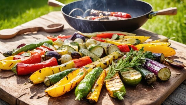 Assorted grilled summer vegetables on a wooden table outdoors in bright sunlight. Delicious healthy vegetarian food concept. Ideal for poster, advertising, menu, social media design, BBQ, picnic, apps - Powered by Adobe