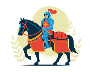 Obraz premium Medieval knight in shining blue armor riding a decorated warhorse