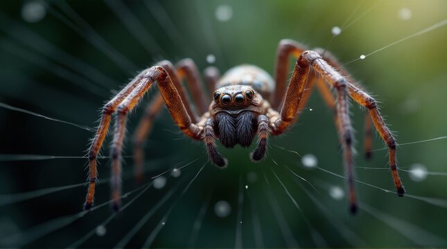 Close-up of a Brown Spider on Web with Green Background