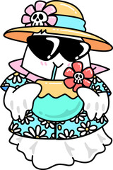 Retro Groovy Summerween Ghost Wearing Summer Outfit and Coconut Drink