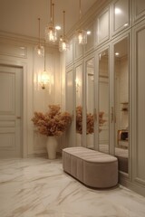 Elegant foyer with mirrored closet doors, pendant lights, and a beige upholstered bench