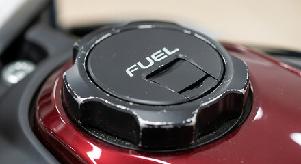 Close-up view of a fuel cap on a red vehicle, showing the word "FUEL".