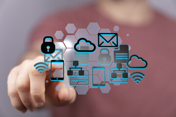 Secure data network, cloud computing, internet, mobile devices, and cybersecurity.