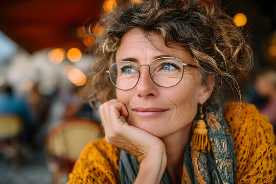 Portrait of a happy 55 year old woman. Psychology of happiness and confidence. Smiling Caucasian woman in eyeglasses looking at camera while sitting at sidewalk cafe.
