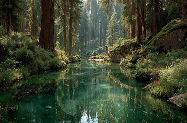 Obraz premium Serene forest pond surrounded by lush greenery and towering trees reflecting in clear green water