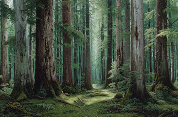Obraz premium Photorealistic forest grove with towering trees and lush green moss covering serene woodland floor
