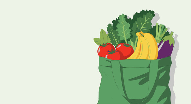 Fresh vegetables in green grocery bag including tomatoes, bananas, kale, and eggplant for World Vegetarian Day celebration promoting healthy eating and sustainability.