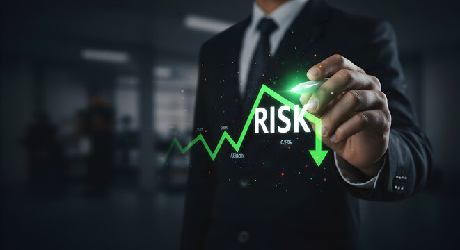 Businessman drawing a downward arrow on a graph to illustrate risk reduction. This concept visualizes financial strategy, mitigation, and security on a digital interface.