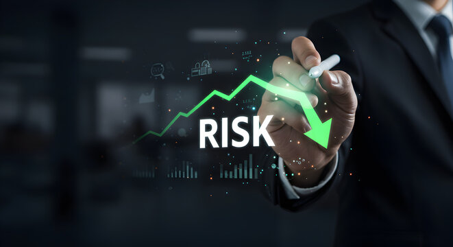 Businessman drawing a downward arrow on a graph to illustrate risk reduction. This concept visualizes financial strategy, mitigation, and security on a digital interface.