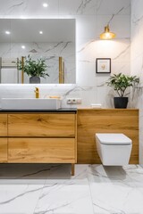 Stylish bathroom with white marble tile, wood cabinet, mirror, and plant decorations