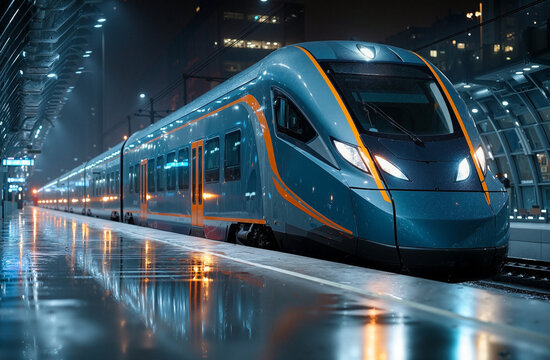 Futuristic high speed train at modern station platform illuminated at night with reflections on ground
