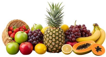 Fresh fruits assortment with vibrant colors, a basket of strawberries, and a juicy pineapple centerpiece