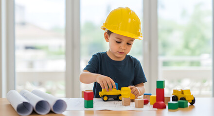 A young boy in a yellow hard hat plays with a toy truck and colorful building blocks at a table. Rolled blueprints in the foreground suggest early learning, ambition, and a future in construction or e
