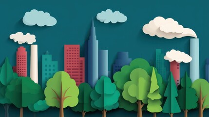 Colorful paper-cut city skyline with trees and clouds in a whimsical design.