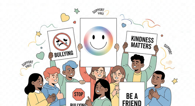 United community of friends holding placards for an anti-bullying campaign, advocating for support and inclusivity.