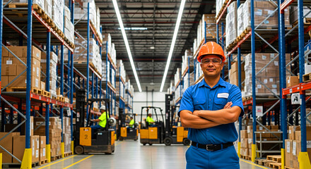 Confident warehouse manager overseeing operations with forklifts and inventory in a modern distribution center