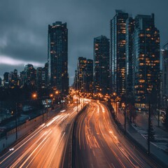 Fototapeta premium City highway at dusk, urban lights, moving traffic. Possible use Stock photo