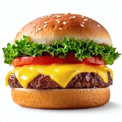 Juicy cheeseburger with fresh lettuce tomato and melted cheese on a sesame seed bun
