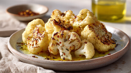 Roasted cauliflower florets with olive oil and chili flakes on rustic plate