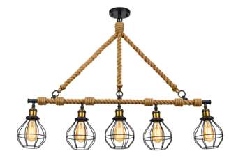 Rustic rope and metal chandelier with five edison bulbs isolated on transparent background