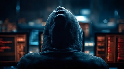 Hooded hacker programming on multiple computer screens in a dimly lit room, engaging in activities related to cybercrime or conducting penetration testing for security purposes