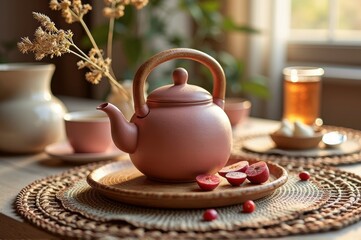 Cozy tea setting with pink teapot, sliced fruits, and warm sunlight in a rustic kitchen