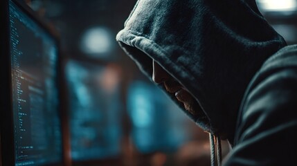 Computer programmer wearing a hoodie working on source code at his desktop computer late at night, possibly involved in hacking or other illegal activity