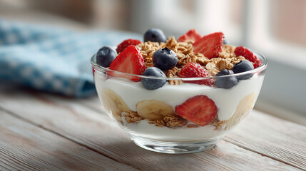 Glass bowl of yogurt parfait with granola, strawberries, blueberries, bananas on wooden table