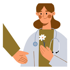 Obraz premium Young woman doctor receiving a flower from a patient in clinic on International Doctor's Day