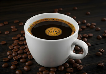 Fototapeta premium A simple white mug of strong black coffee sits on a dark wood table, with roasted coffee beans scattered around it. This image represents a classic morning coffee, a caffeine break, or a simple cafe b