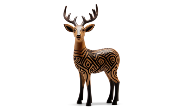 Wooden Deer Figurine with Intricate Black Patterns